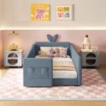 Twin Size Upholstered Platform Bed with Rabbit Ear Headboard & Safety Rail