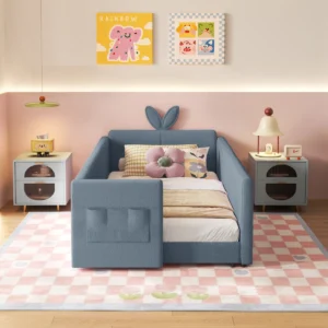 Twin Size Upholstered Platform Bed with Rabbit Ear Headboard & Safety Rail