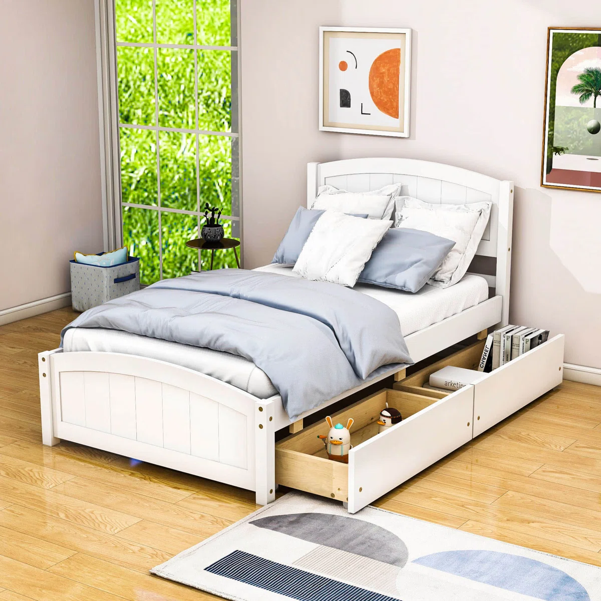 Twin Platform Bed with Storage Drawers & Headboard