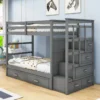 Kids Twin Over Twin 4 Drawers Wood Bunk Bed with Twin Trundle and Stairs