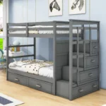 Kids Twin Over Twin 4 Drawers Wood Bunk Bed with Twin Trundle and Stairs