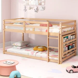 Low Bunk Bed Twin Over Twin, Floor Bunk Bed With Bookshelf&ladder